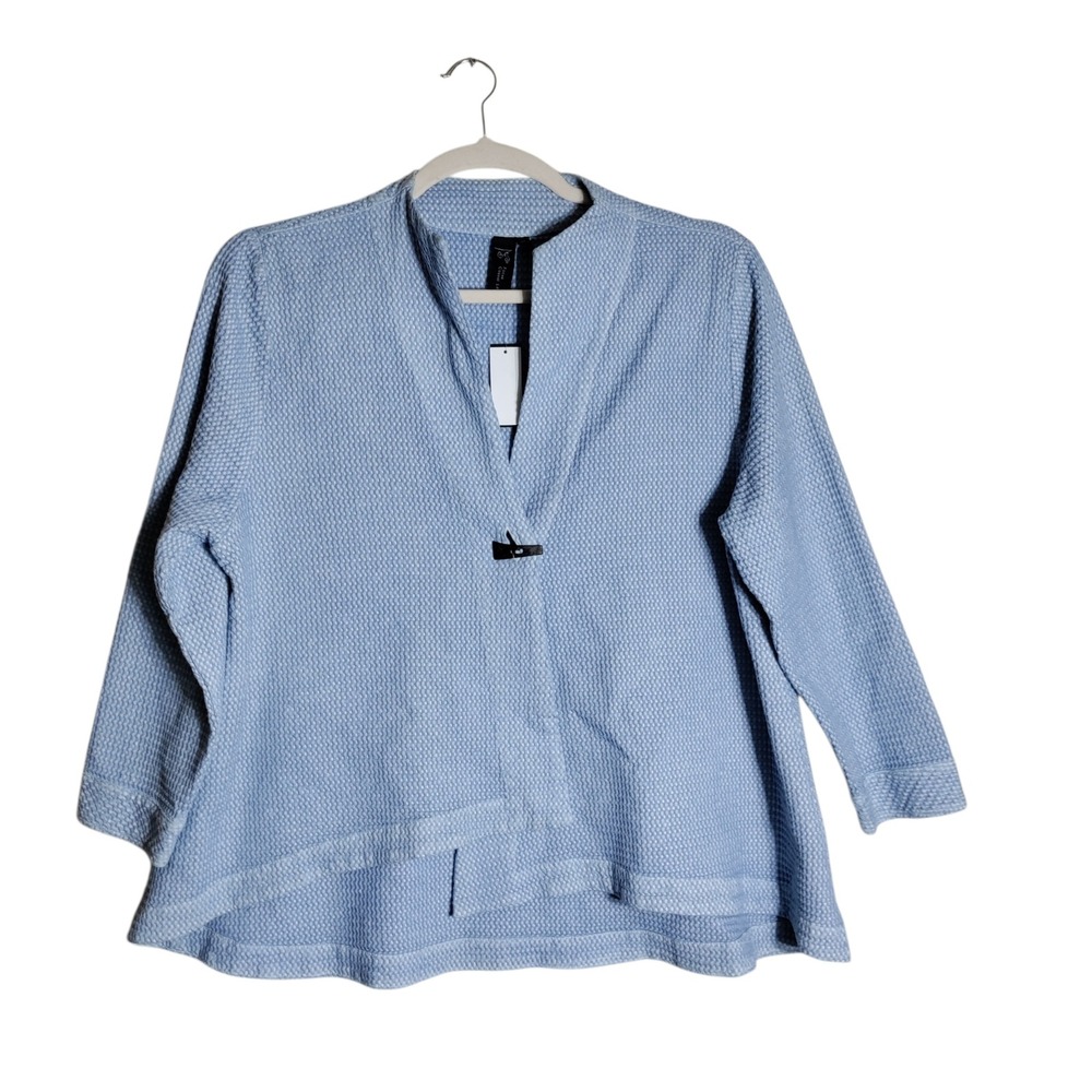 Focus Casual Life Blue Cotton Textured Cardigan Toggle Button High Low Hem XL